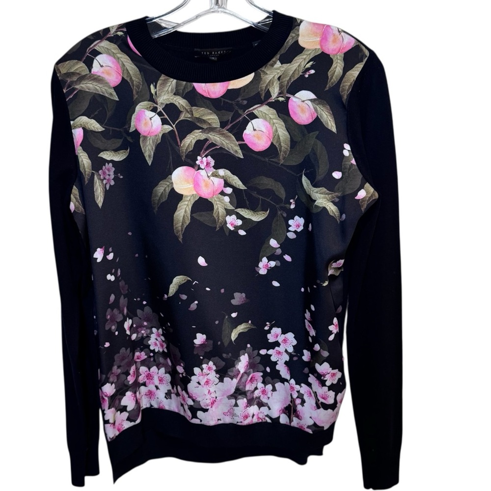 TED BAKER Anthya Sweater Peach Blossom Print Front BLACK  Sz 1 US S Beautiful